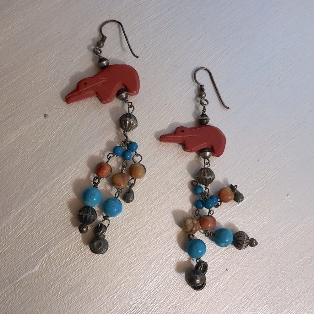Vintage Southwestern Red Stone Alligator Dangle Earrings with Turquoise Beads